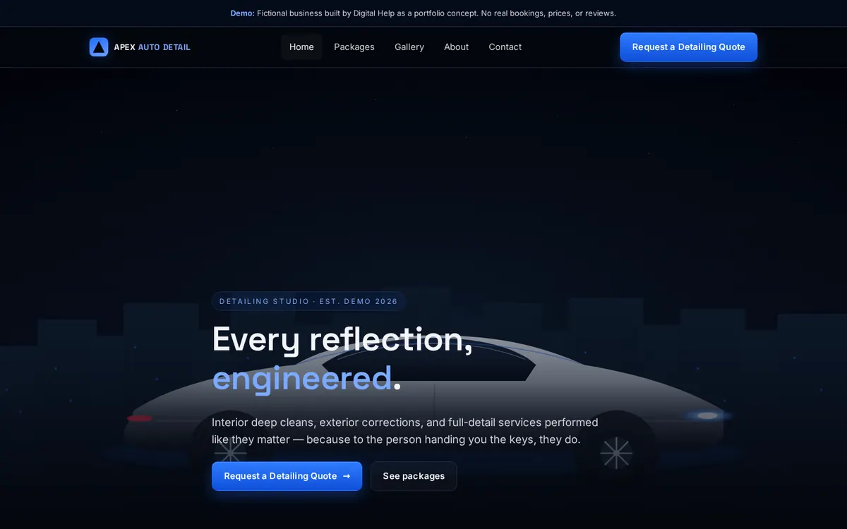 Desktop screenshot of the Apex Auto Detail website concept