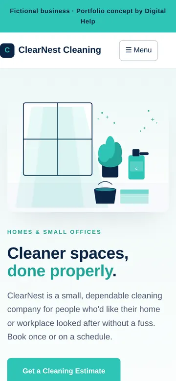 Mobile screenshot of the ClearNest Cleaning website concept
