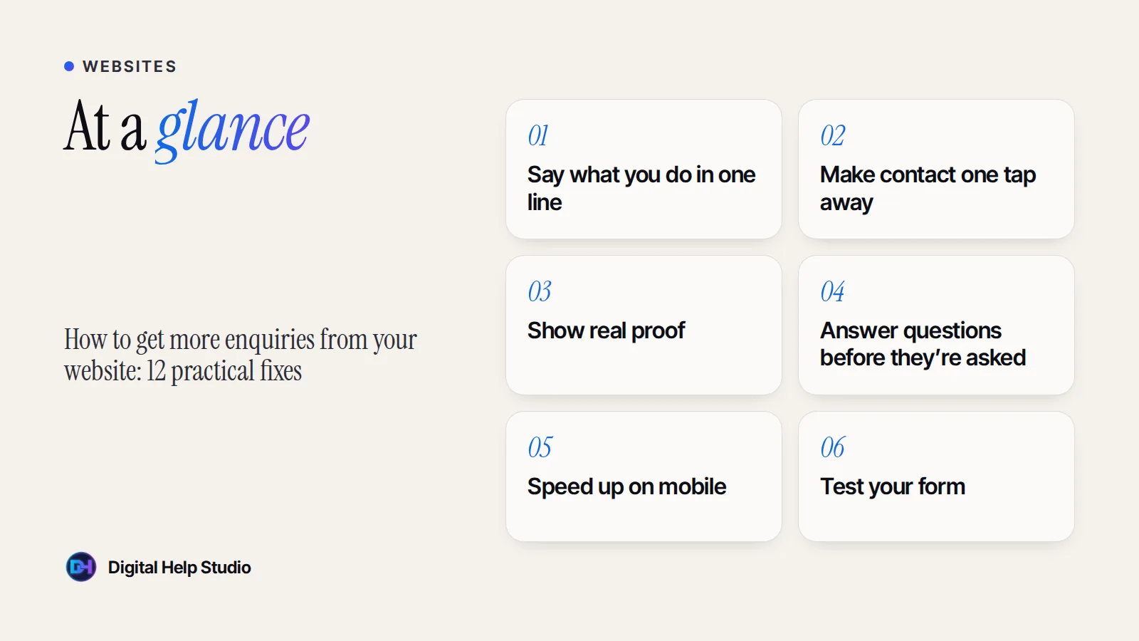 At a glance: Say what you do in one line; Make contact one tap away; Show real proof; Answer questions before they’re asked; Speed up on mobile; Test your form.